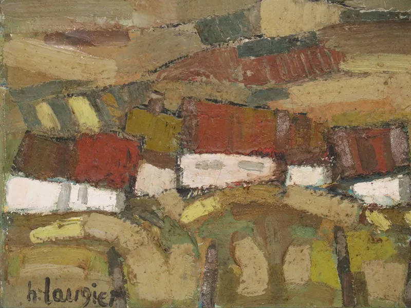 1950's French Oil on Canvas House in Fields Scene in Green Tones