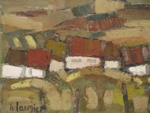 1950's French Oil on Canvas House in Fields Scene in Green Tones
