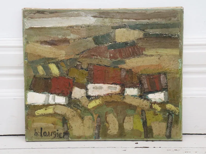 1950's French Oil on Canvas House in Fields Scene in Green Tones
