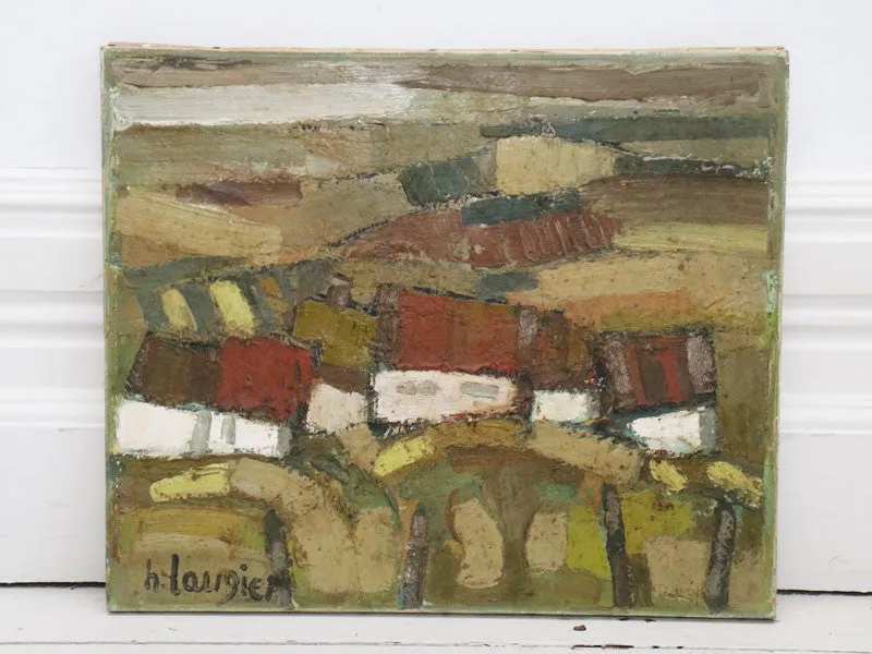 1950's French Oil on Canvas House in Fields Scene in Green Tones