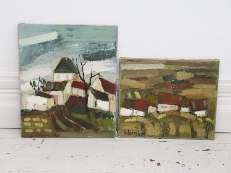 1950's French Oil on Canvas House in Fields Scene in Green Tones