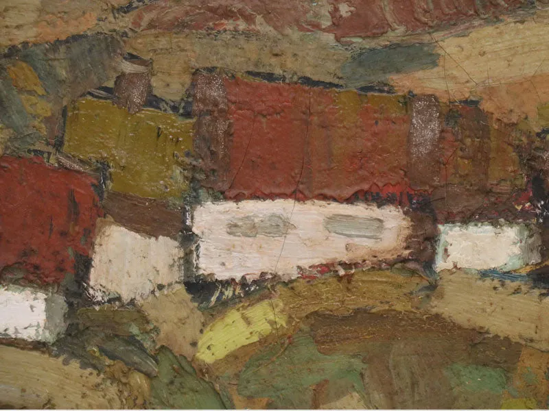 1950's French Oil on Canvas House in Fields Scene in Green Tones