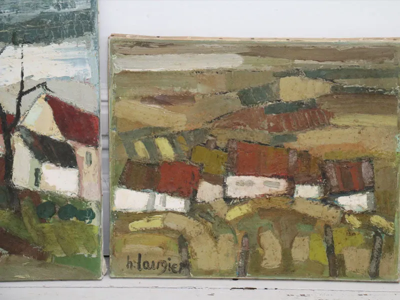 1950's French Oil on Canvas House in Fields Scene in Green Tones