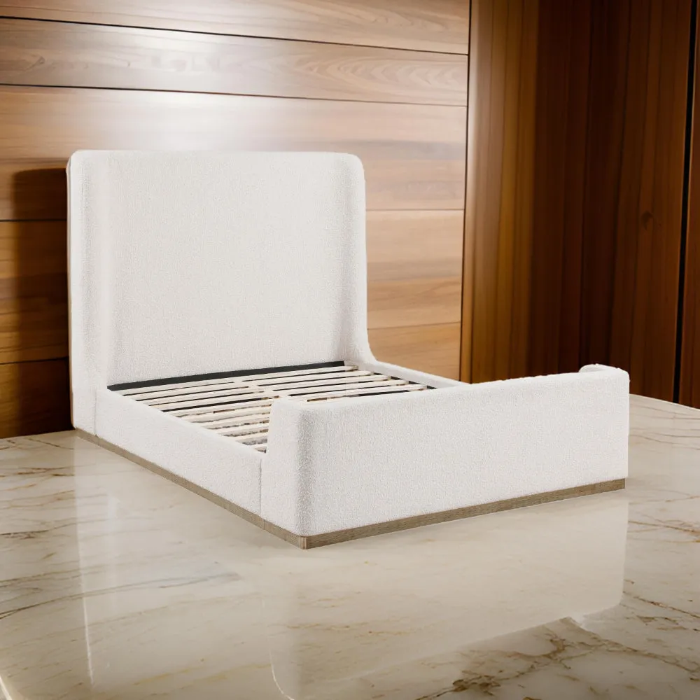 Ale Queen Size Platform Bed, Round Wingback Headboard, Ivory Upholstery By Casagear Home