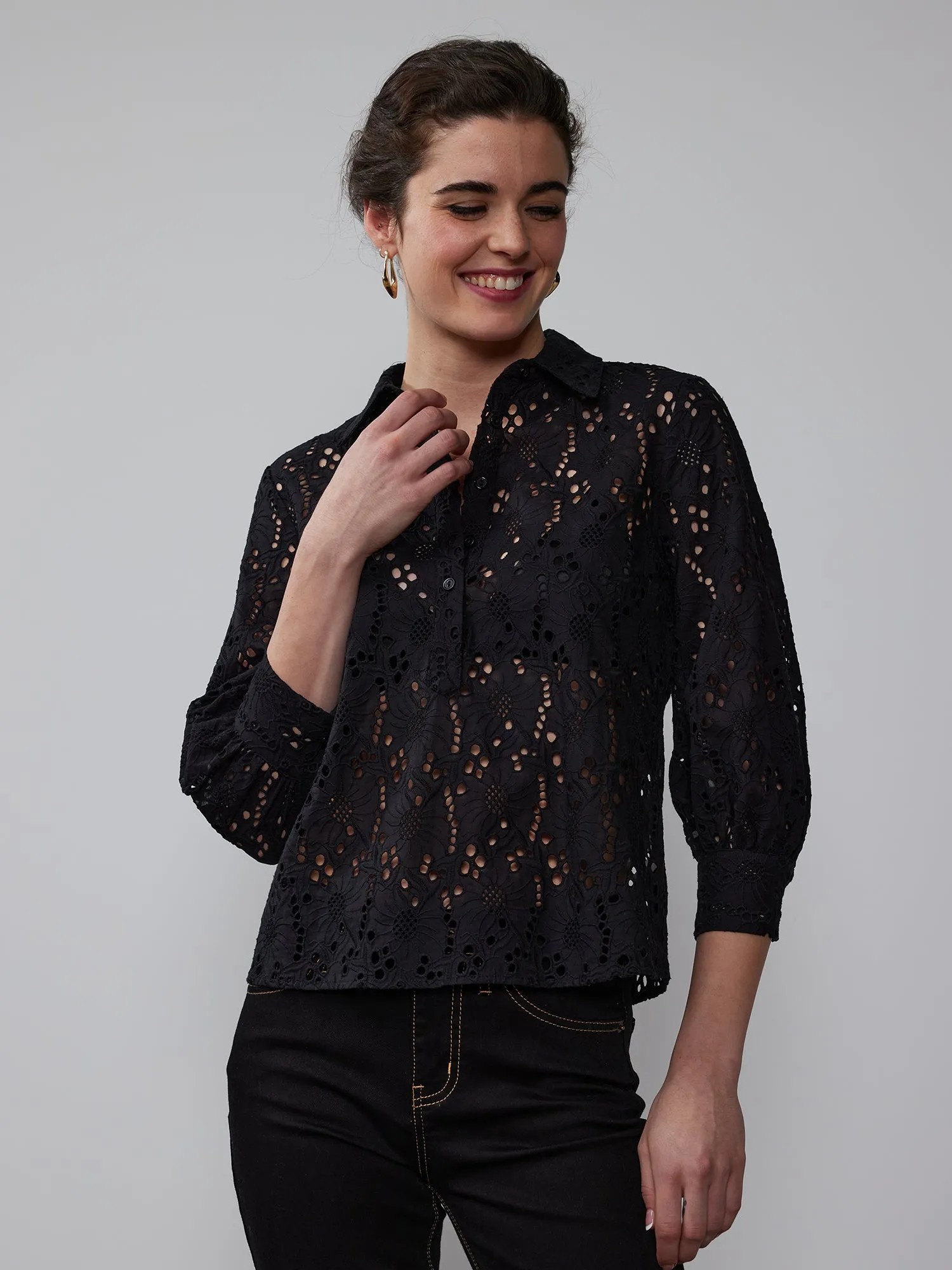 Balloon Sleeve Eyelet Popover Top