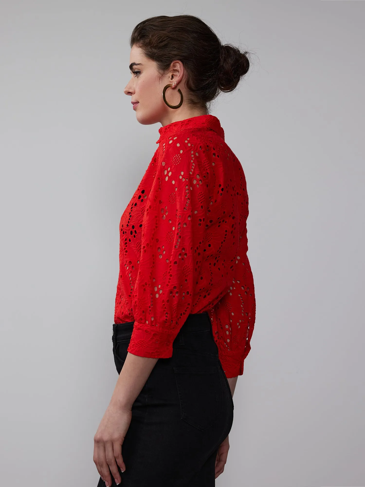 Balloon Sleeve Eyelet Popover Top