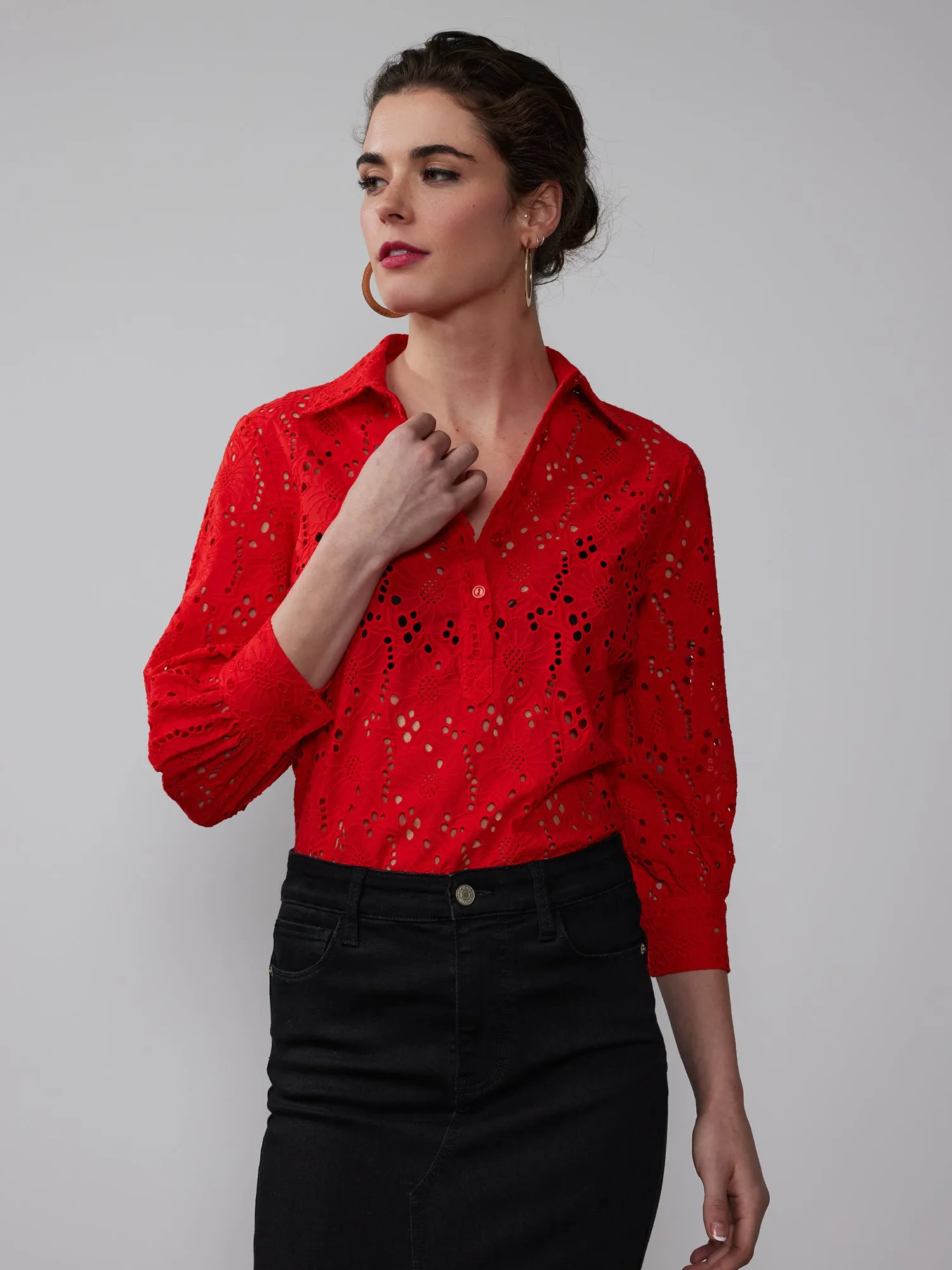 Balloon Sleeve Eyelet Popover Top