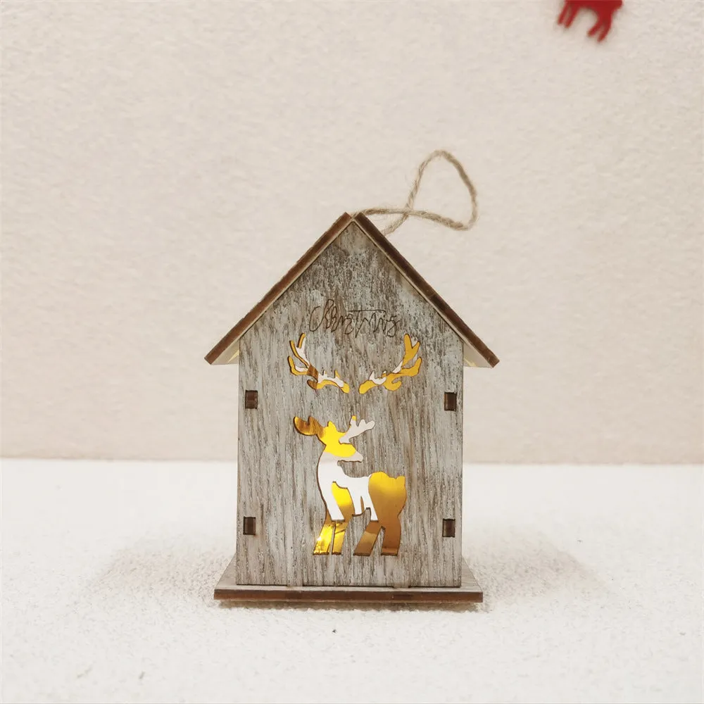 Bulk Christmas Glow Cabin House Hollowed-out Snow Elk Xmas Tree with LED Ornaments for Xmas Tree Decor Wholesale