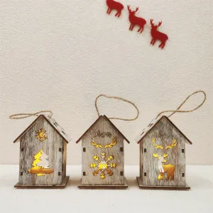 Bulk Christmas Glow Cabin House Hollowed-out Snow Elk Xmas Tree with LED Ornaments for Xmas Tree Decor Wholesale