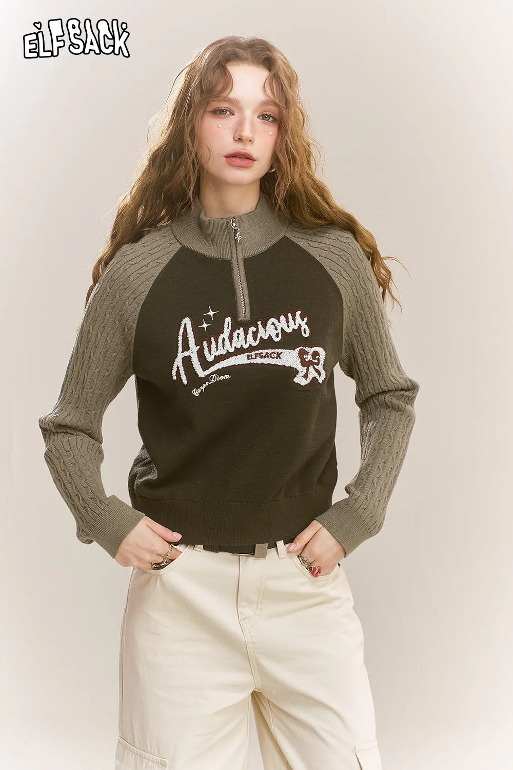 ELFSACK 2024 Winter New Arrivals Slim, soft and sticky short contrast color raglan letter zipper sweater for women