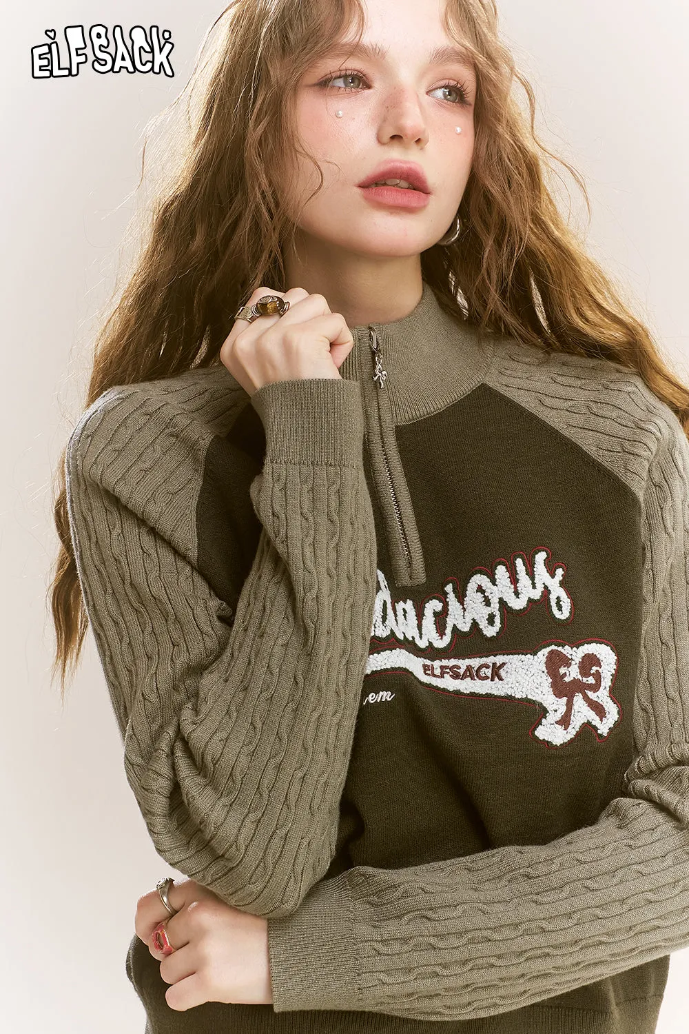 ELFSACK 2024 Winter New Arrivals Slim, soft and sticky short contrast color raglan letter zipper sweater for women