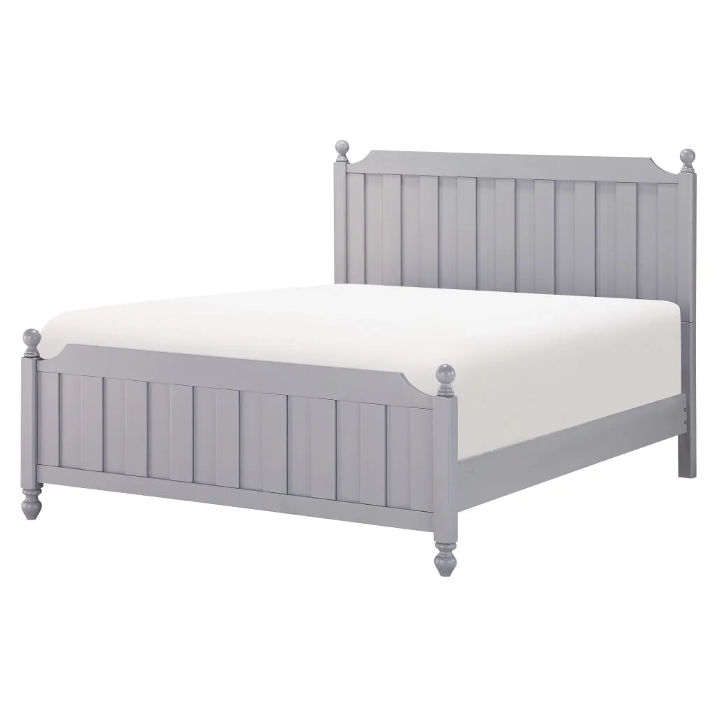 Elsa Queen Bed, Ball Finials on Bed Posts, Turned Feet, Gray Wood Frame By Casagear Home