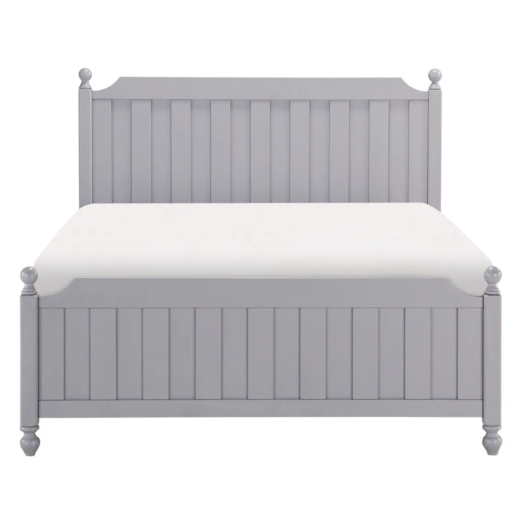 Elsa Queen Bed, Ball Finials on Bed Posts, Turned Feet, Gray Wood Frame By Casagear Home