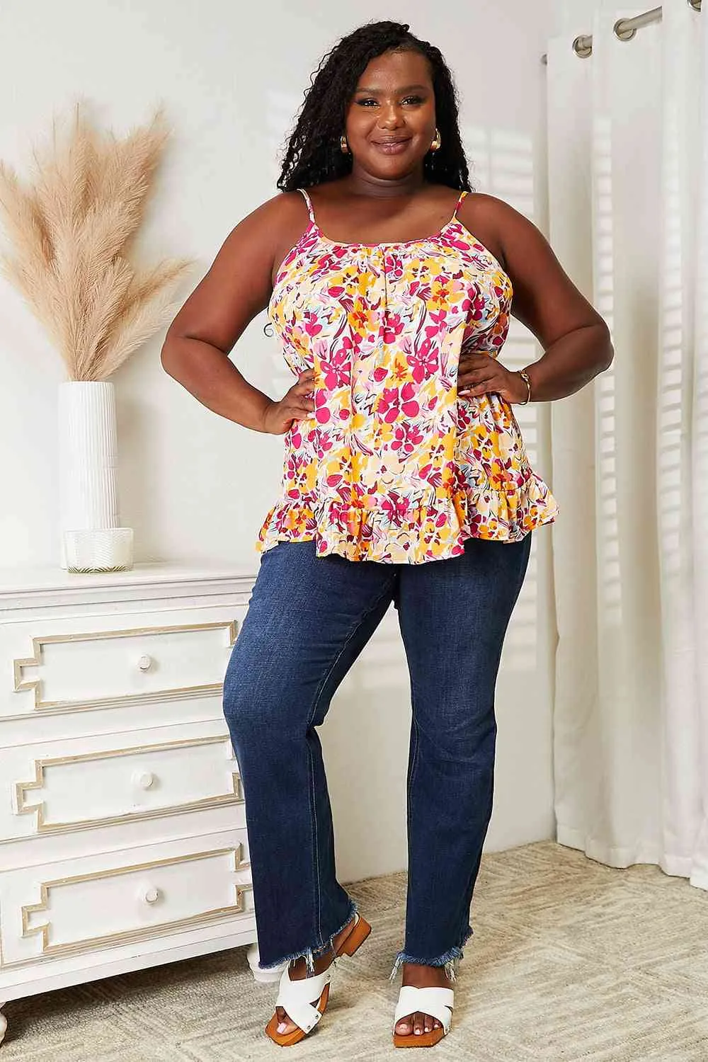 Floral Scoop Neck Ruffle Hem Cami