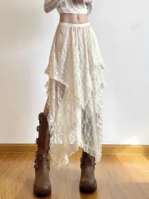 Girlary 2024 New Summer Lace Asymmetrical Skirt Fairycore Women Vintage Y2K Boho Fashion High Waist Mid Skirts Lady Holiday Outfits
