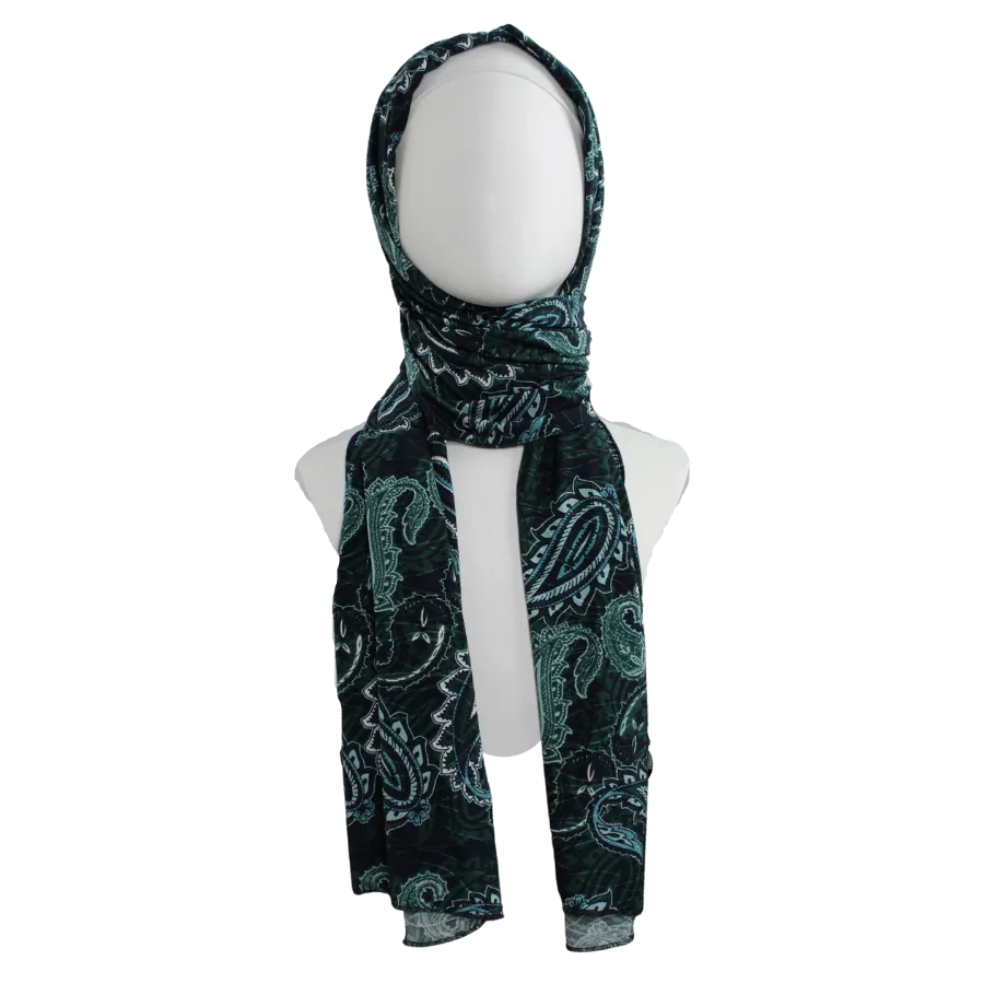 Green Navy Paisley Smooth Patterned Jersey Hijab  - Soft & Cool "Zibde Feel" - NEW