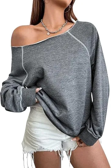 Grey-Red Fall Chic Off Shoulder Sweatshirt