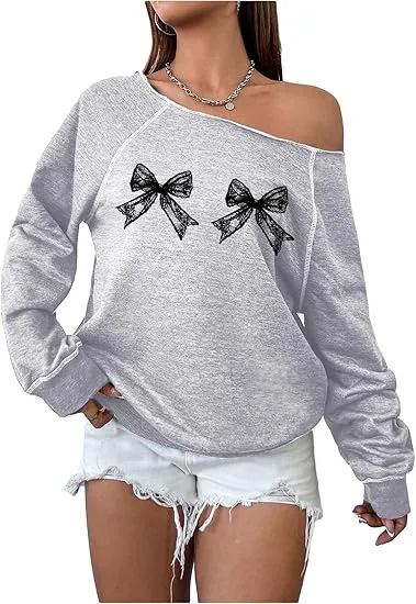 Grey-Red Fall Chic Off Shoulder Sweatshirt