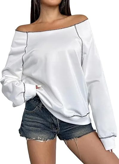 Grey-Red Fall Chic Off Shoulder Sweatshirt