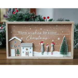 Large Festive Scene Wooden Framed Pebble People Plaque With Bottle Brush Tree