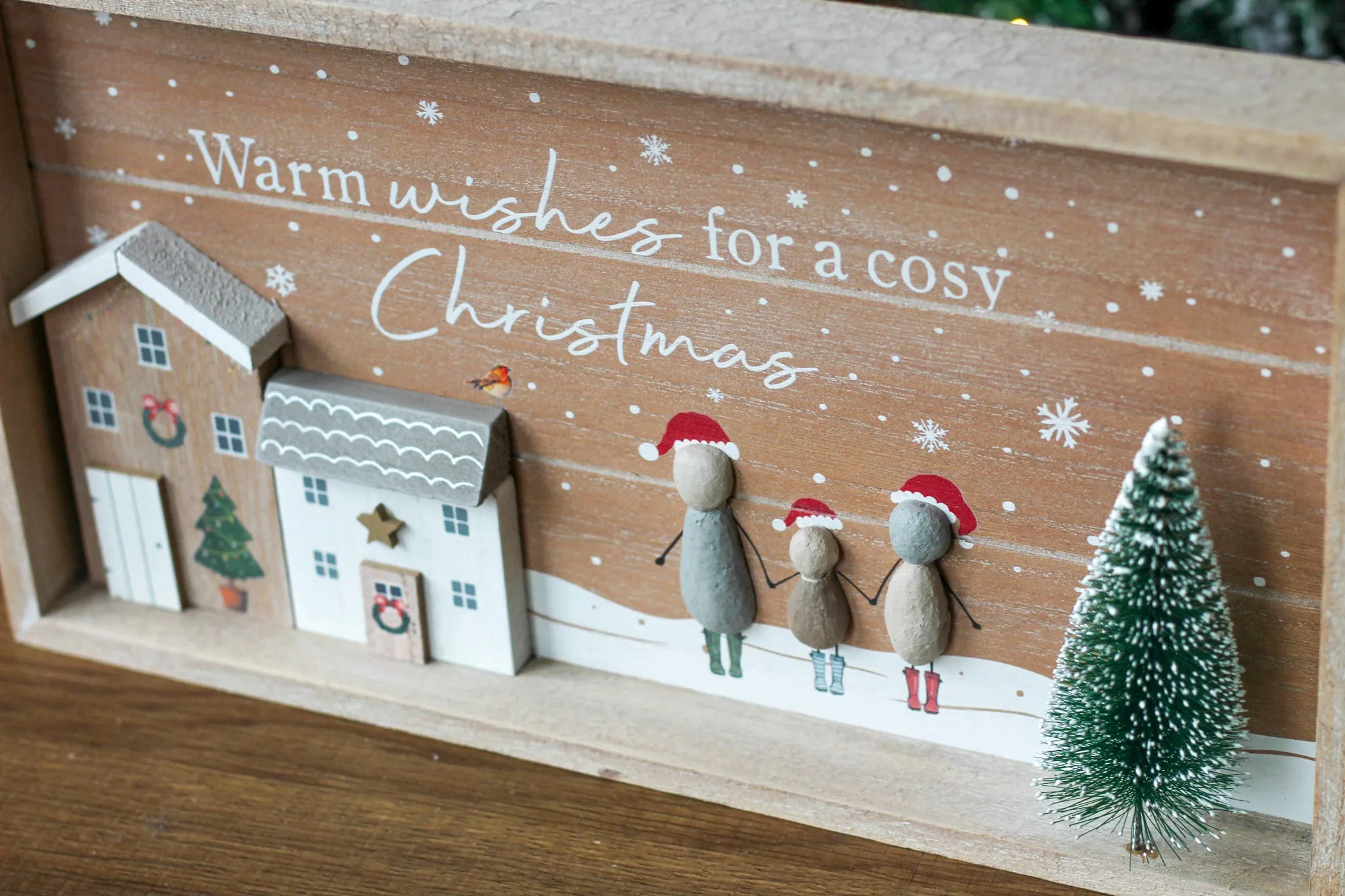 Large Festive Scene Wooden Framed Pebble People Plaque With Bottle Brush Tree