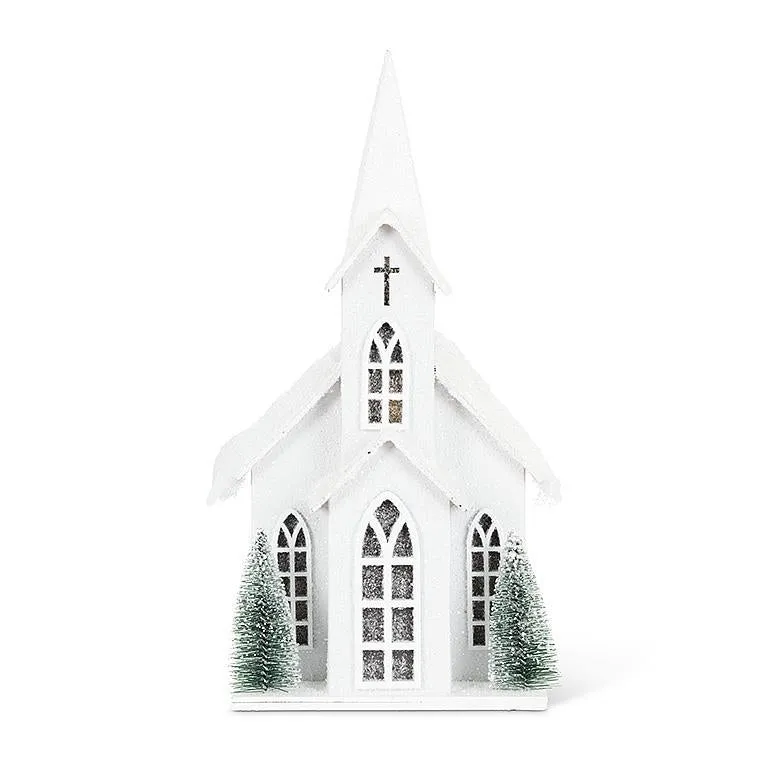 Medium Snowy Tall Church with LED Lights