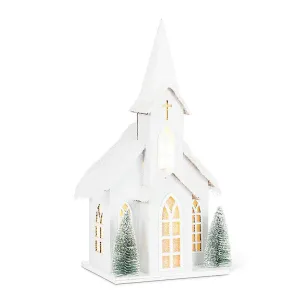 Medium Snowy Tall Church with LED Lights