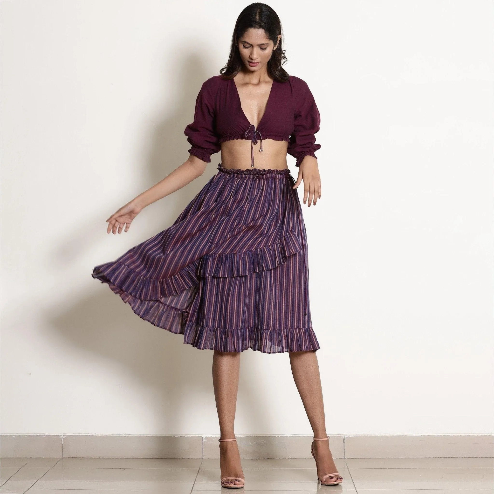 Reversible Berry Wine Plunge Neck Cotton Blouson Crop Top