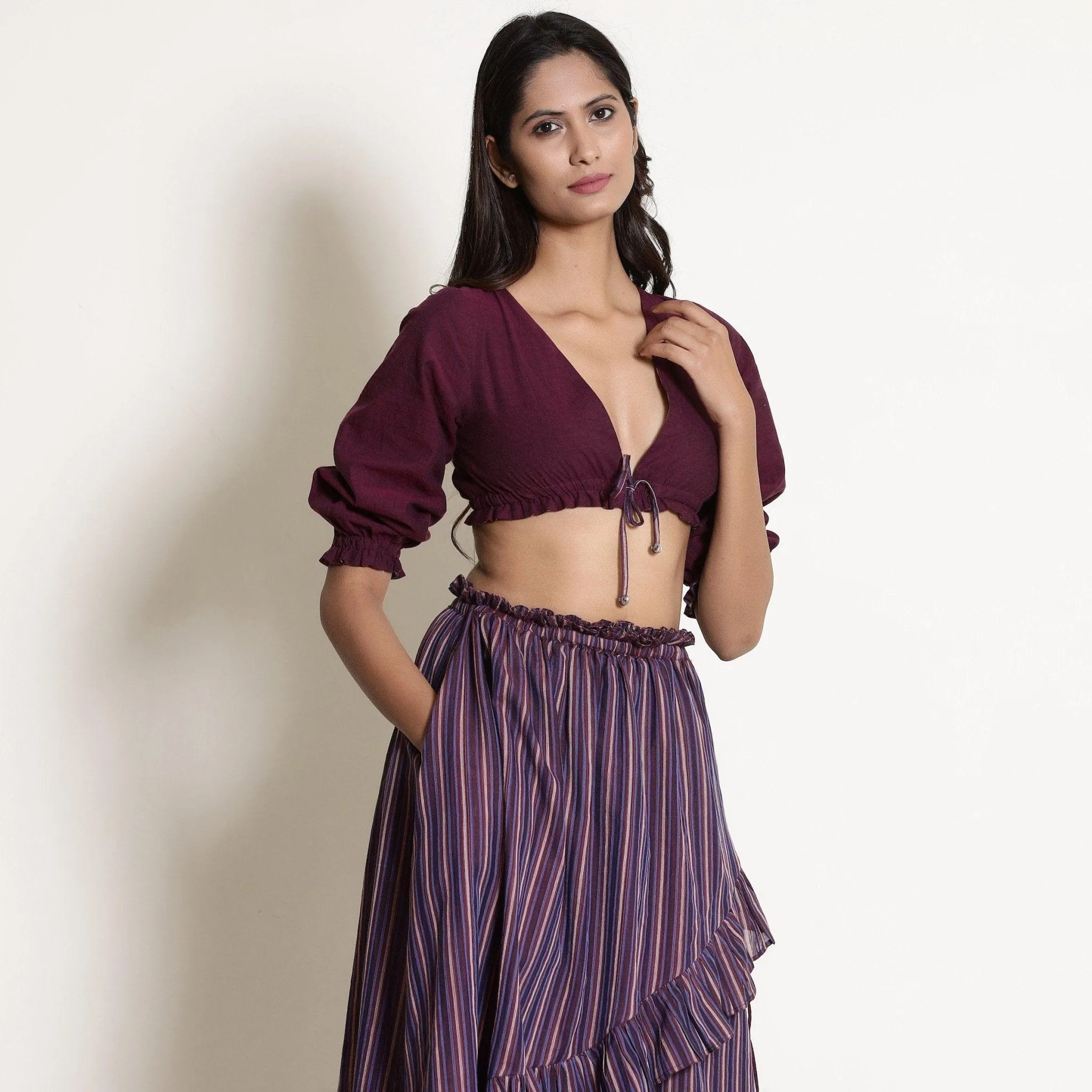 Reversible Berry Wine Plunge Neck Cotton Blouson Crop Top