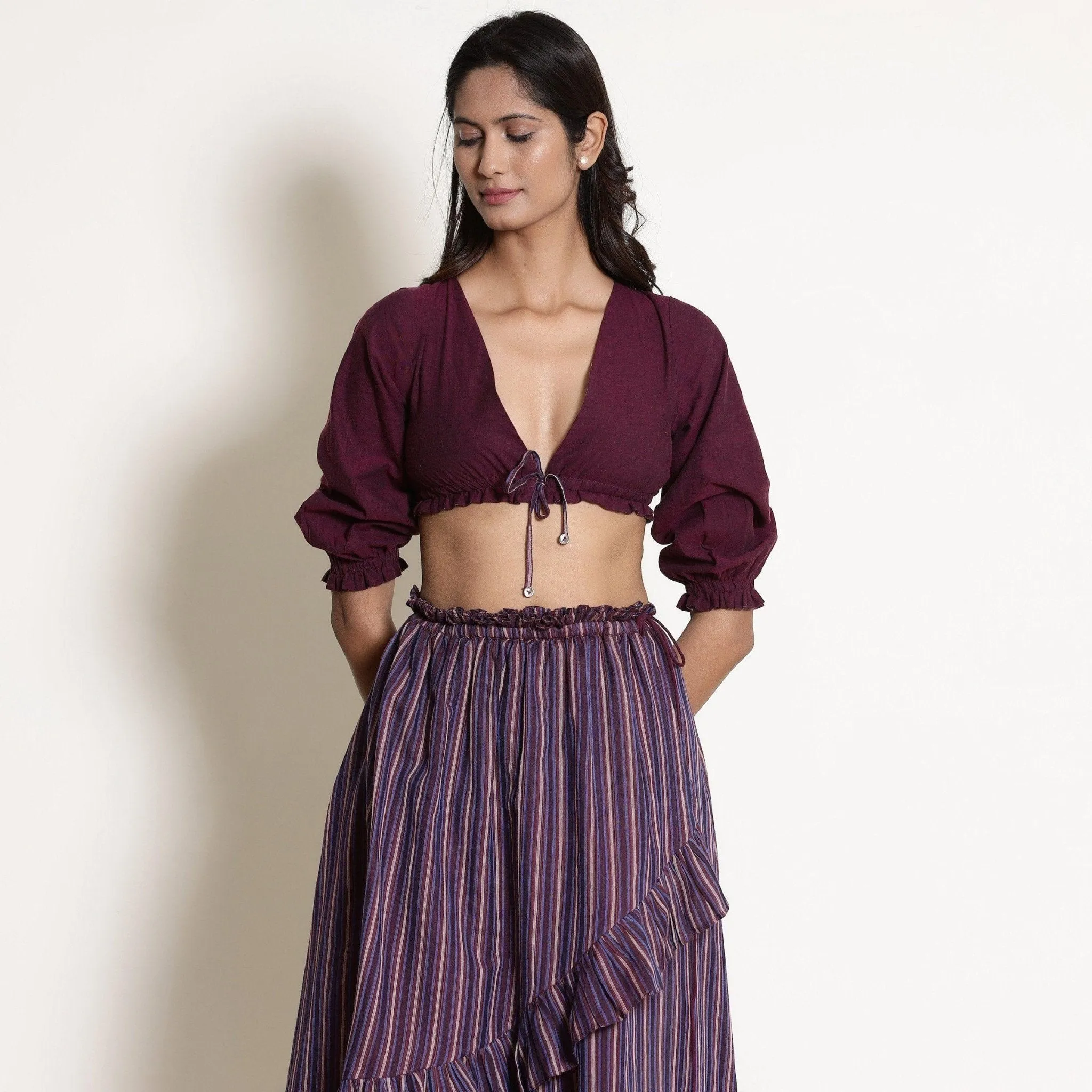 Reversible Berry Wine Plunge Neck Cotton Blouson Crop Top