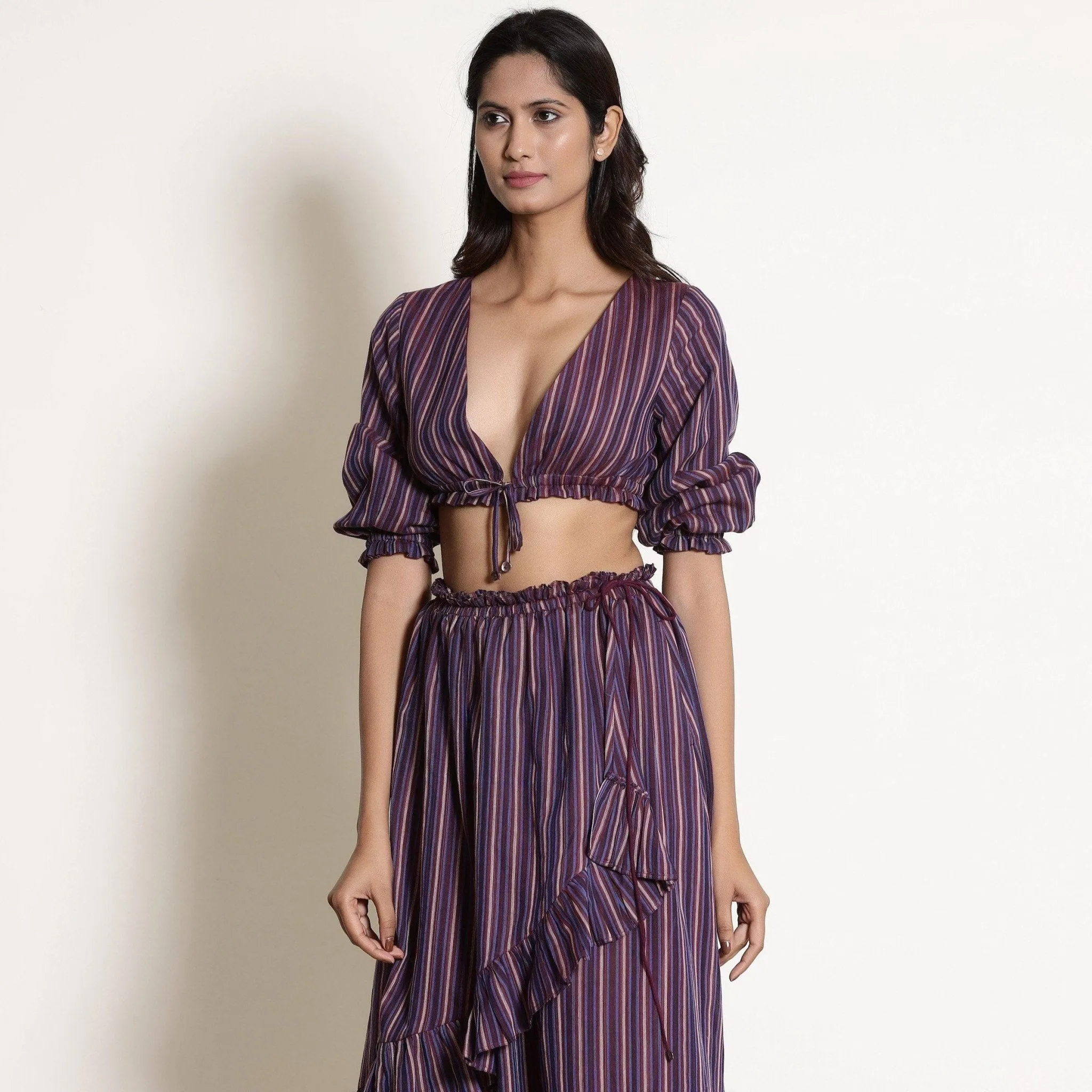 Reversible Berry Wine Plunge Neck Cotton Blouson Crop Top