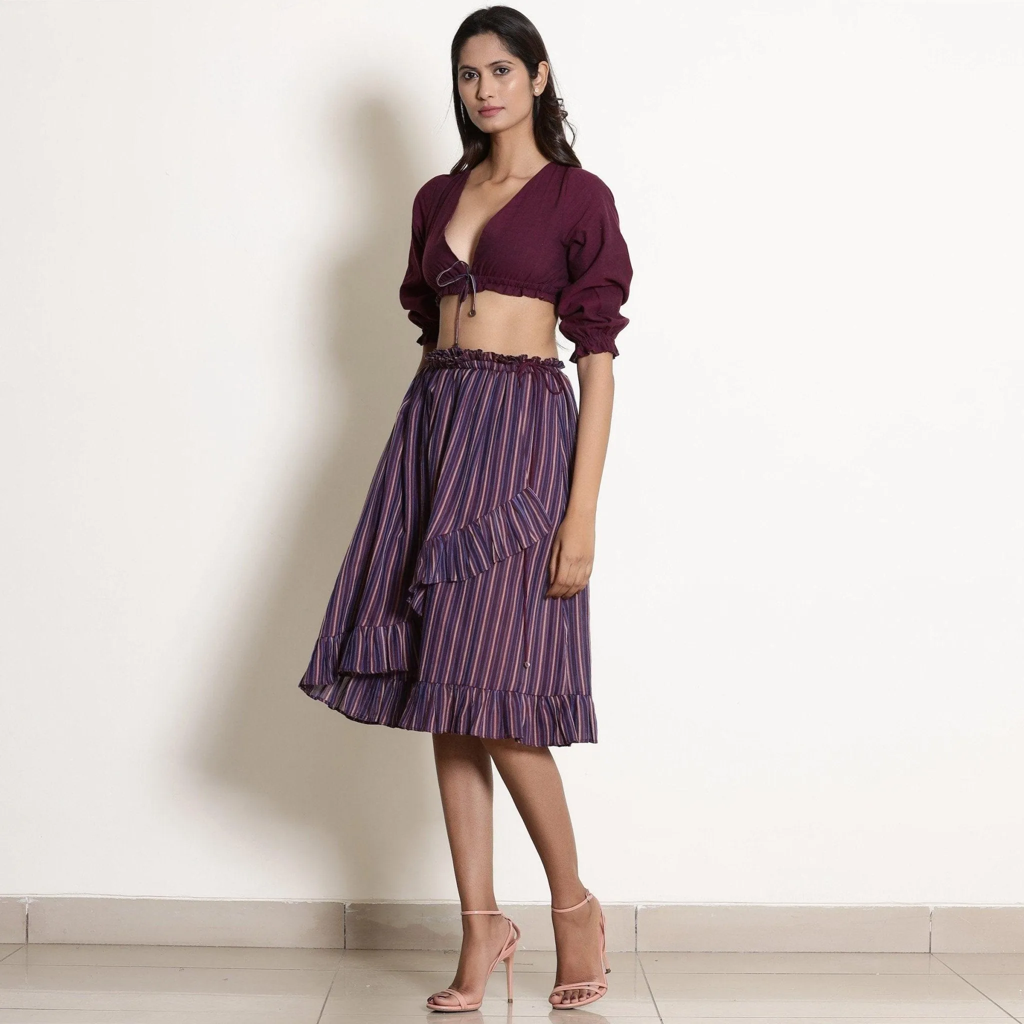 Reversible Berry Wine Plunge Neck Cotton Blouson Crop Top