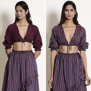 Reversible Berry Wine Plunge Neck Cotton Blouson Crop Top