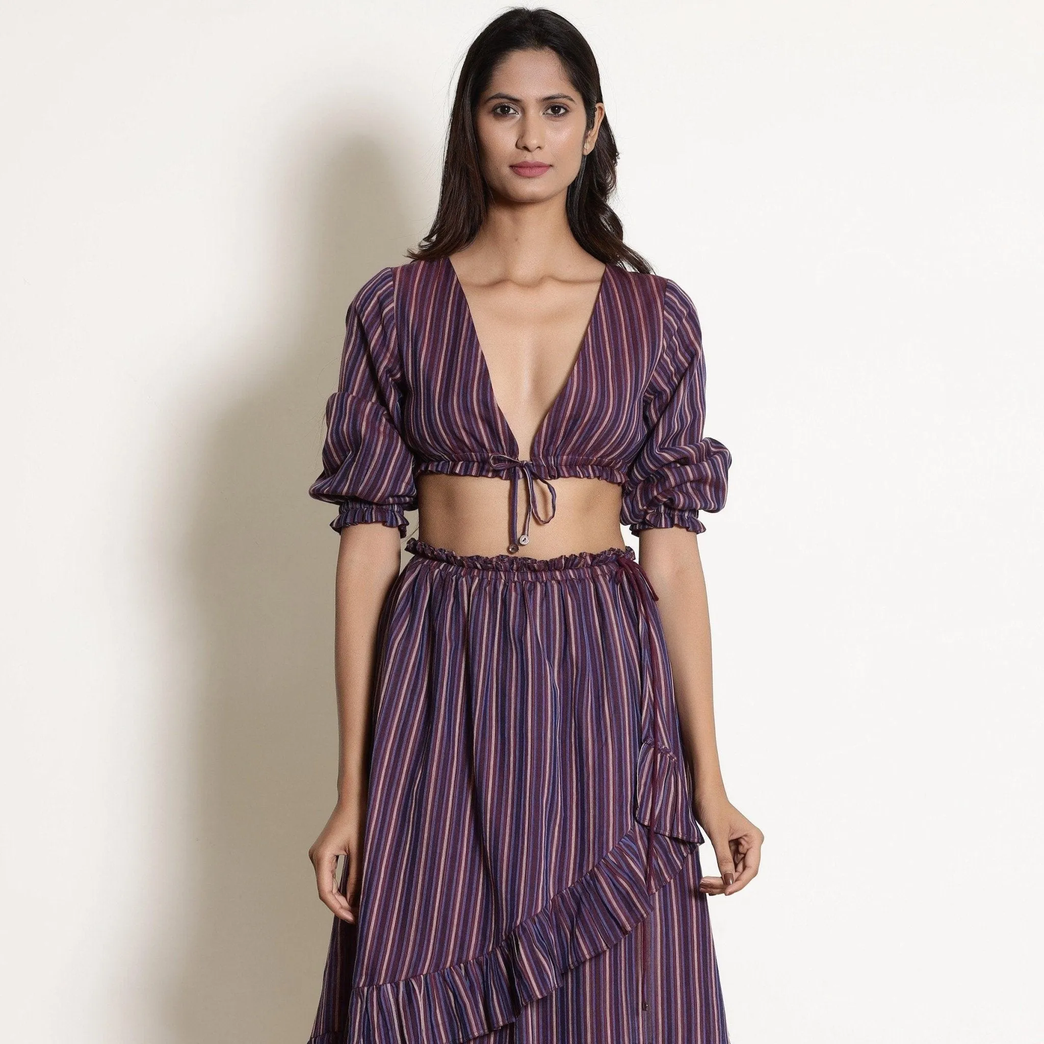 Reversible Berry Wine Plunge Neck Cotton Blouson Crop Top