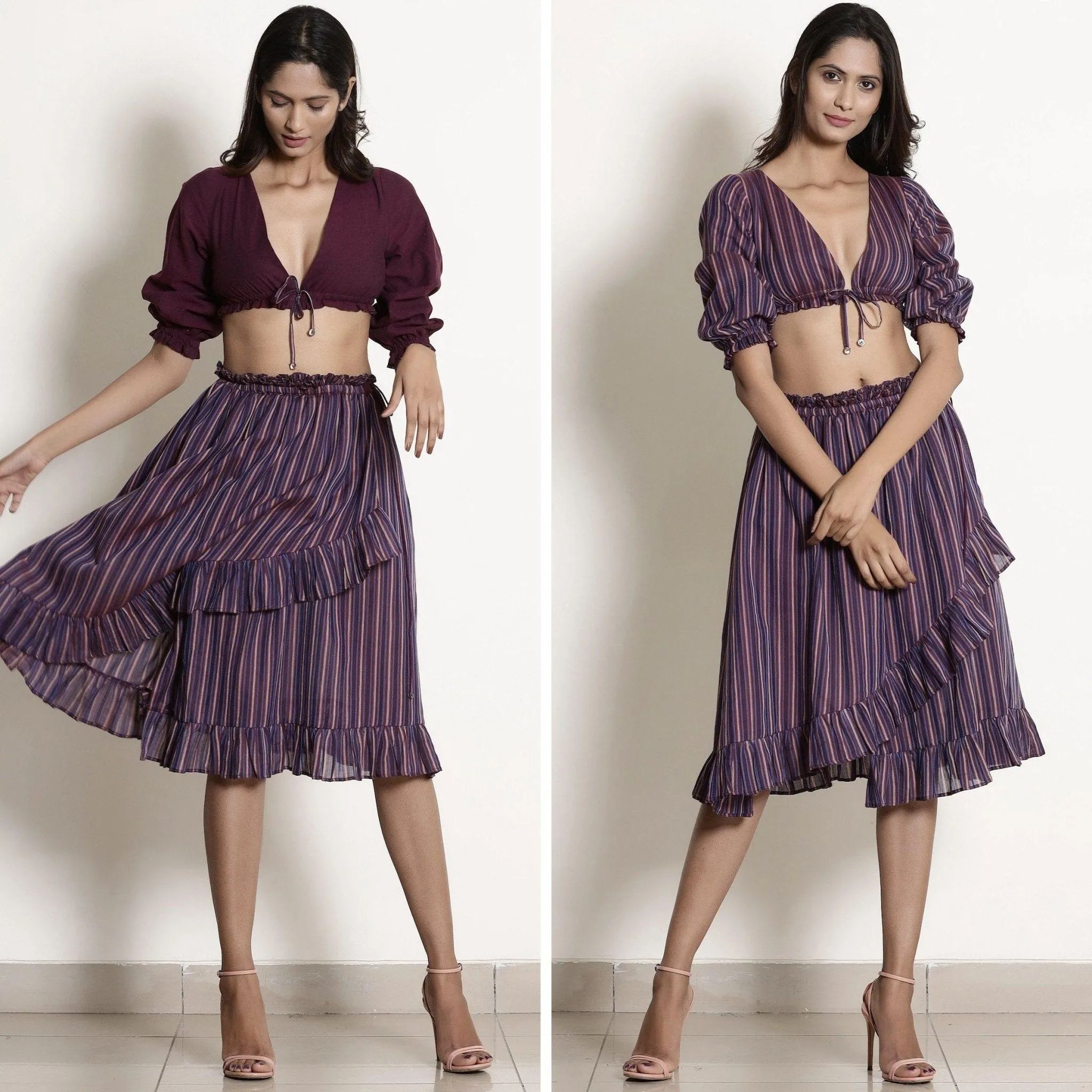 Reversible Berry Wine Plunge Neck Cotton Blouson Crop Top