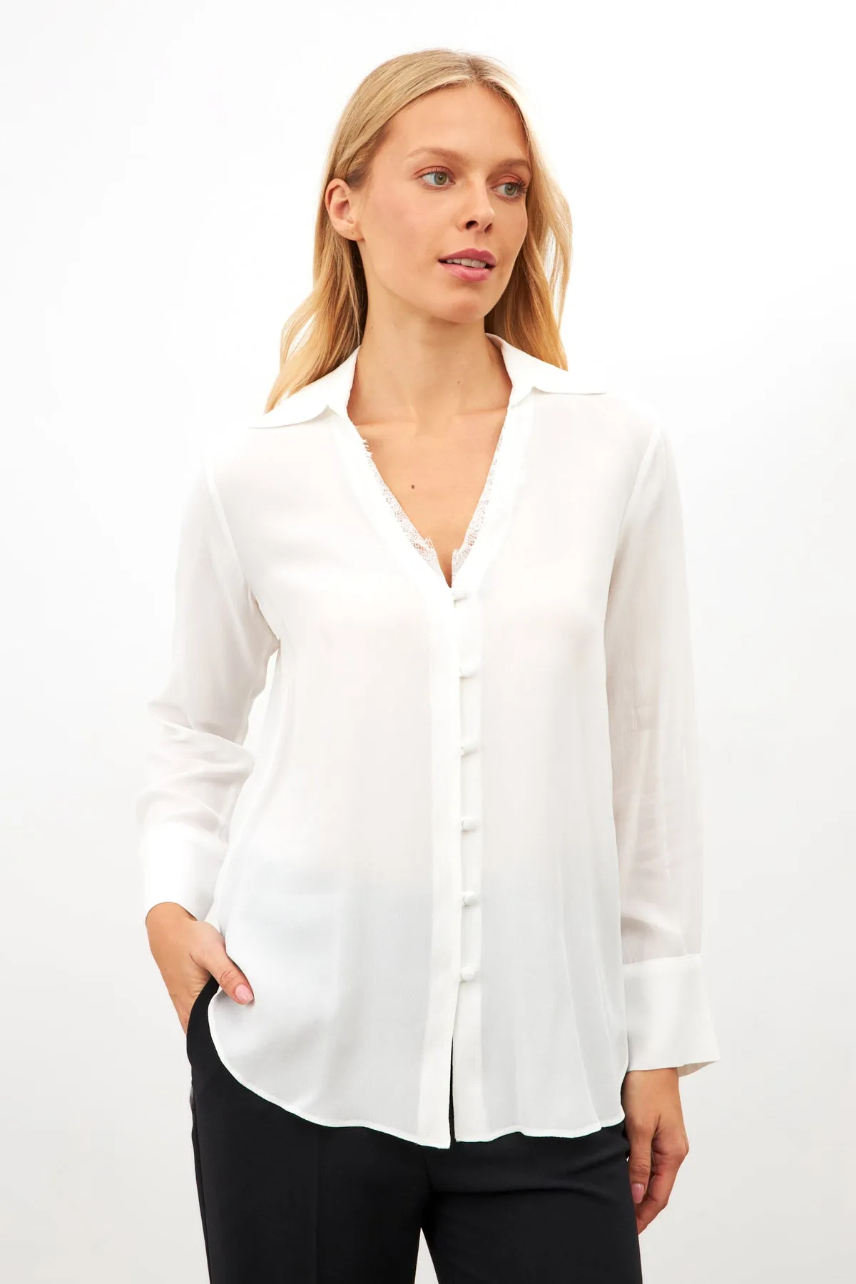 Setre Lace Detail Long Sleeve Shirt With Collar White