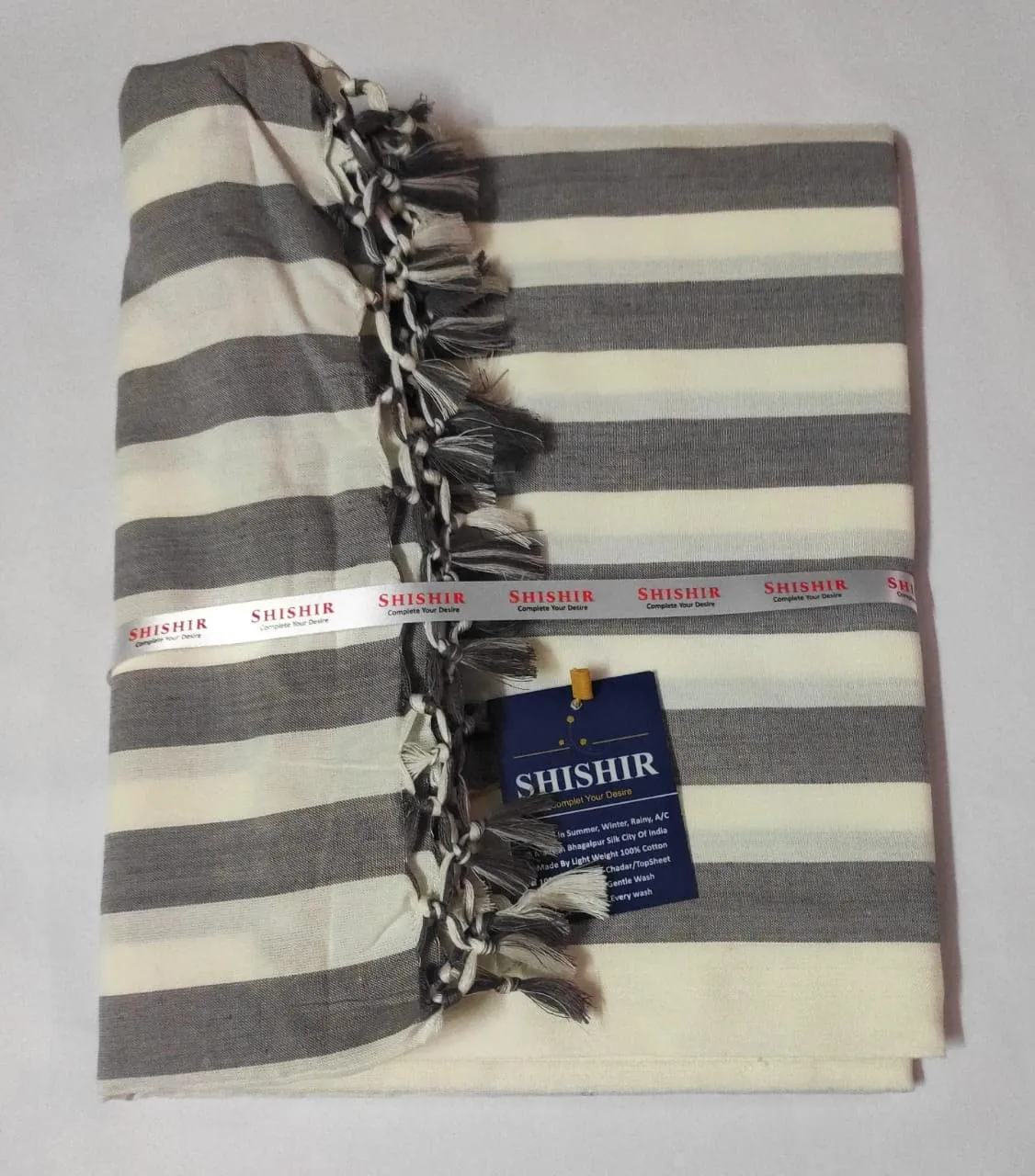 SHISHIR Handloom Bhagalpuri Single Size Light Weight Pure Cotton Blanket/Soft Chaddar/Bedsheet/Top Sheet/Throw Blanket/Black White Color Stripes 60x90 inches
