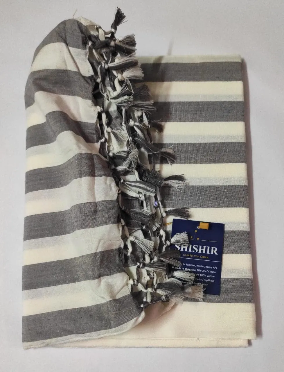 SHISHIR Handloom Bhagalpuri Single Size Light Weight Pure Cotton Blanket/Soft Chaddar/Bedsheet/Top Sheet/Throw Blanket/Black White Color Stripes 60x90 inches