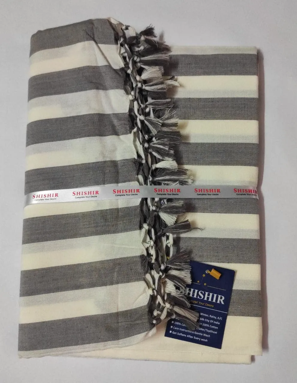 SHISHIR Handloom Bhagalpuri Single Size Light Weight Pure Cotton Blanket/Soft Chaddar/Bedsheet/Top Sheet/Throw Blanket/Black White Color Stripes 60x90 inches