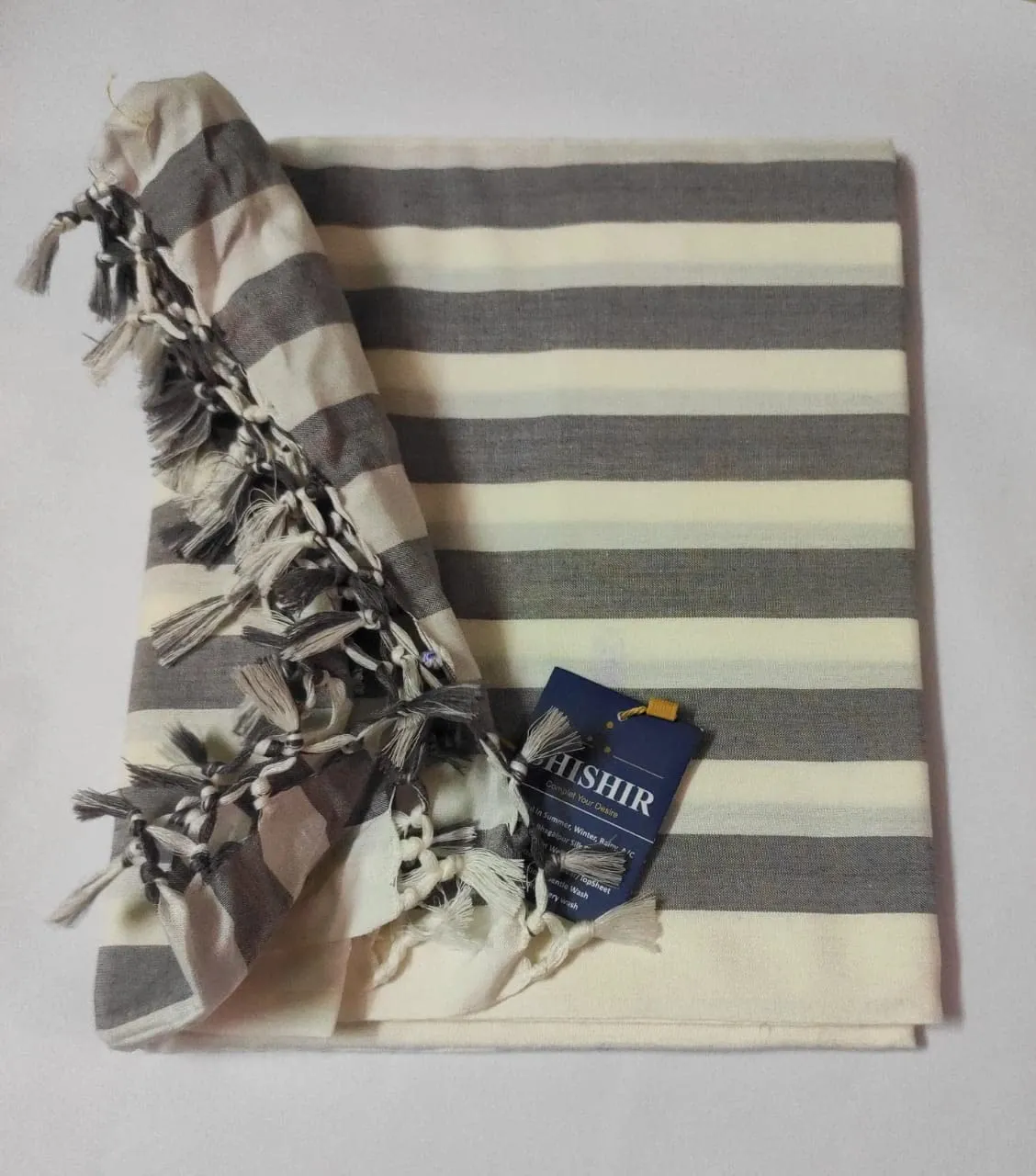 SHISHIR Handloom Bhagalpuri Single Size Light Weight Pure Cotton Blanket/Soft Chaddar/Bedsheet/Top Sheet/Throw Blanket/Black White Color Stripes 60x90 inches