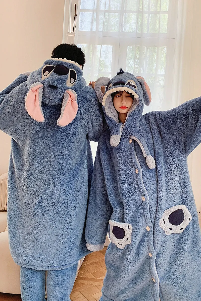 Stitch Cartoon Couple Pajamas  Women's Winter Coral Fleece Nightgown Set