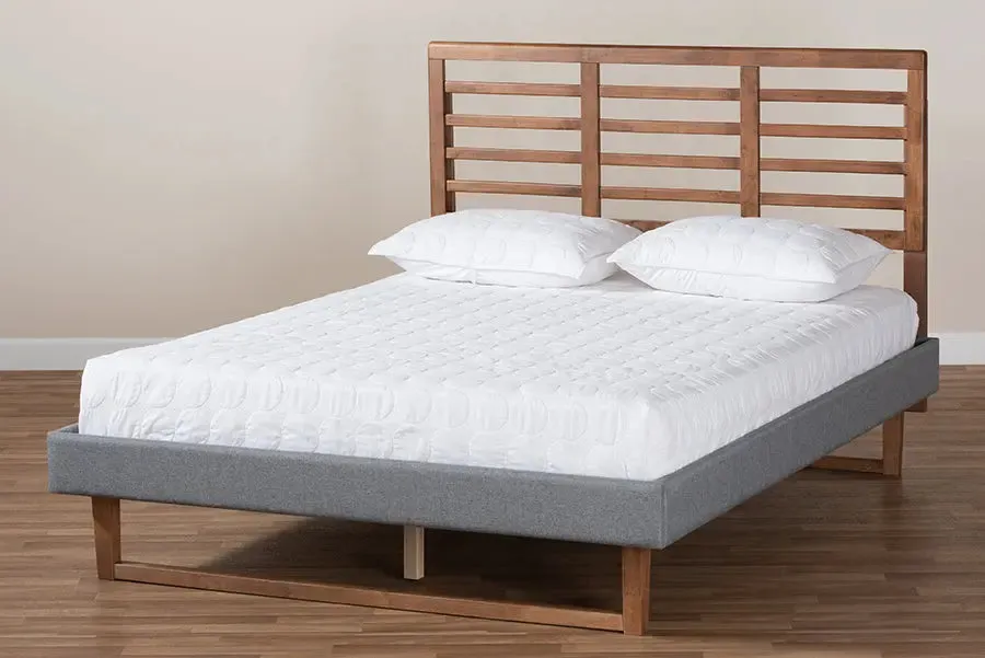 Tristan Dark Gray Fabric Ash Walnut Brown Finished Wood Platform Bed (Queen)