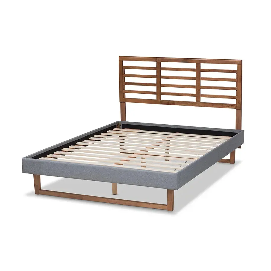 Tristan Dark Gray Fabric Ash Walnut Brown Finished Wood Platform Bed (Queen)