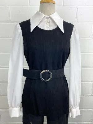 Vintage 1970s Black & White Faux Shirt & Vest Zip Top, Medium