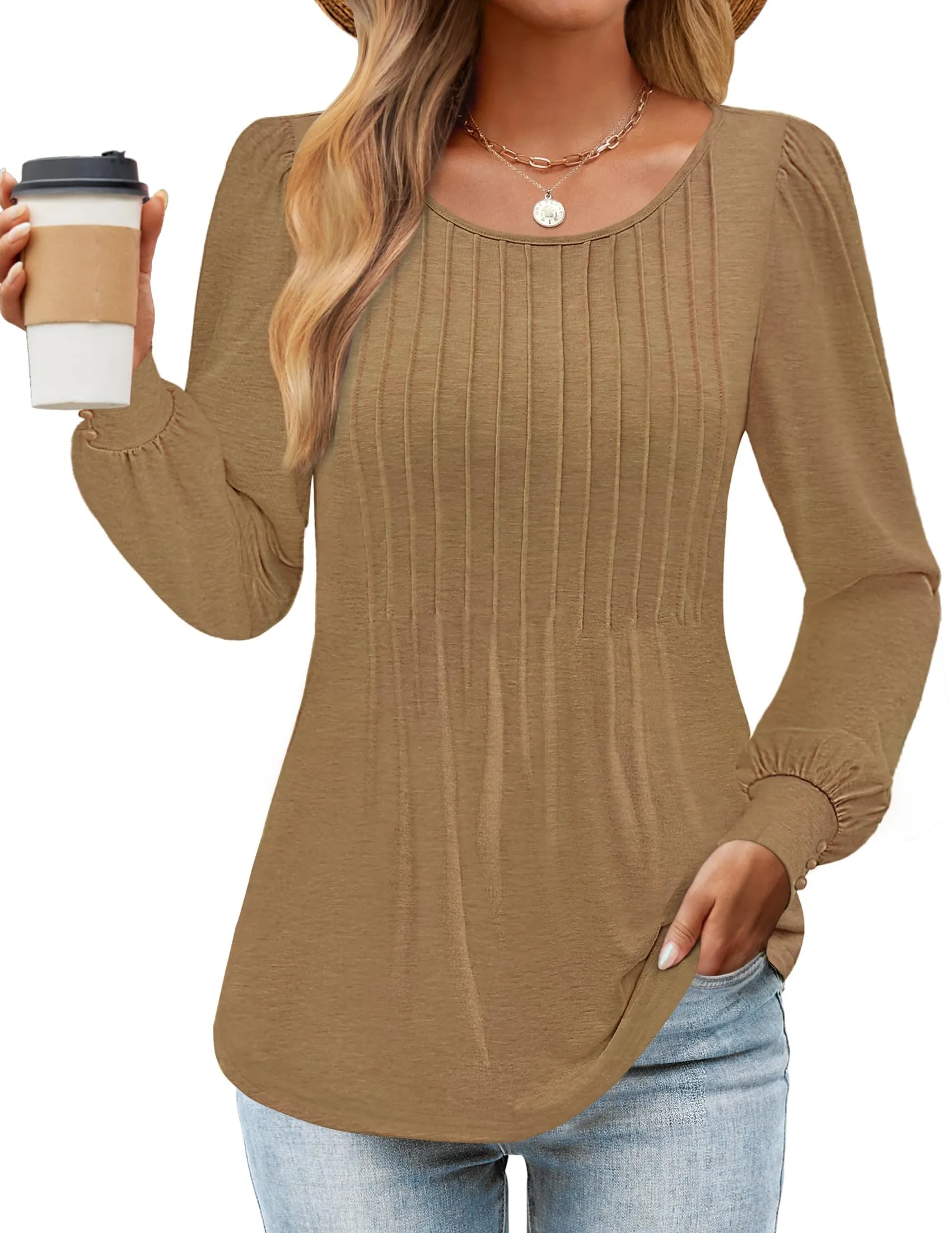 ZESICA Crew Neck Pleated Casual Tunic Blouses Top