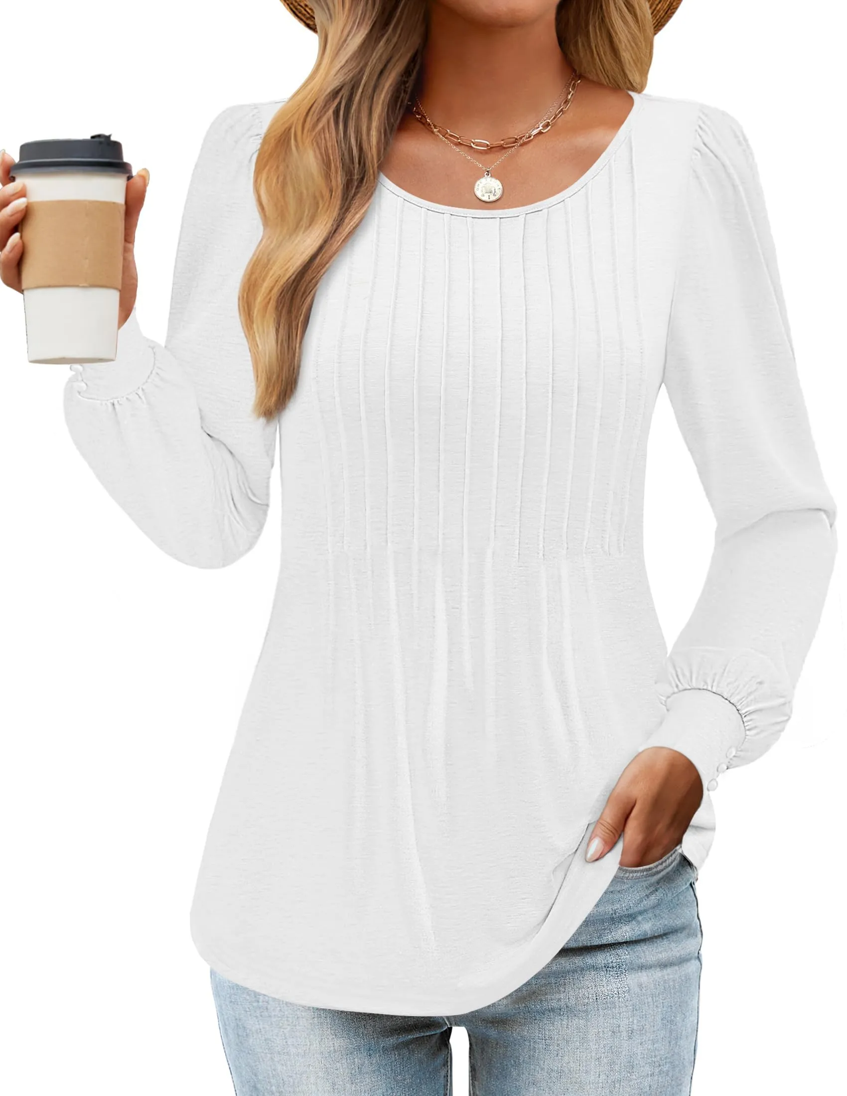 ZESICA Crew Neck Pleated Casual Tunic Blouses Top