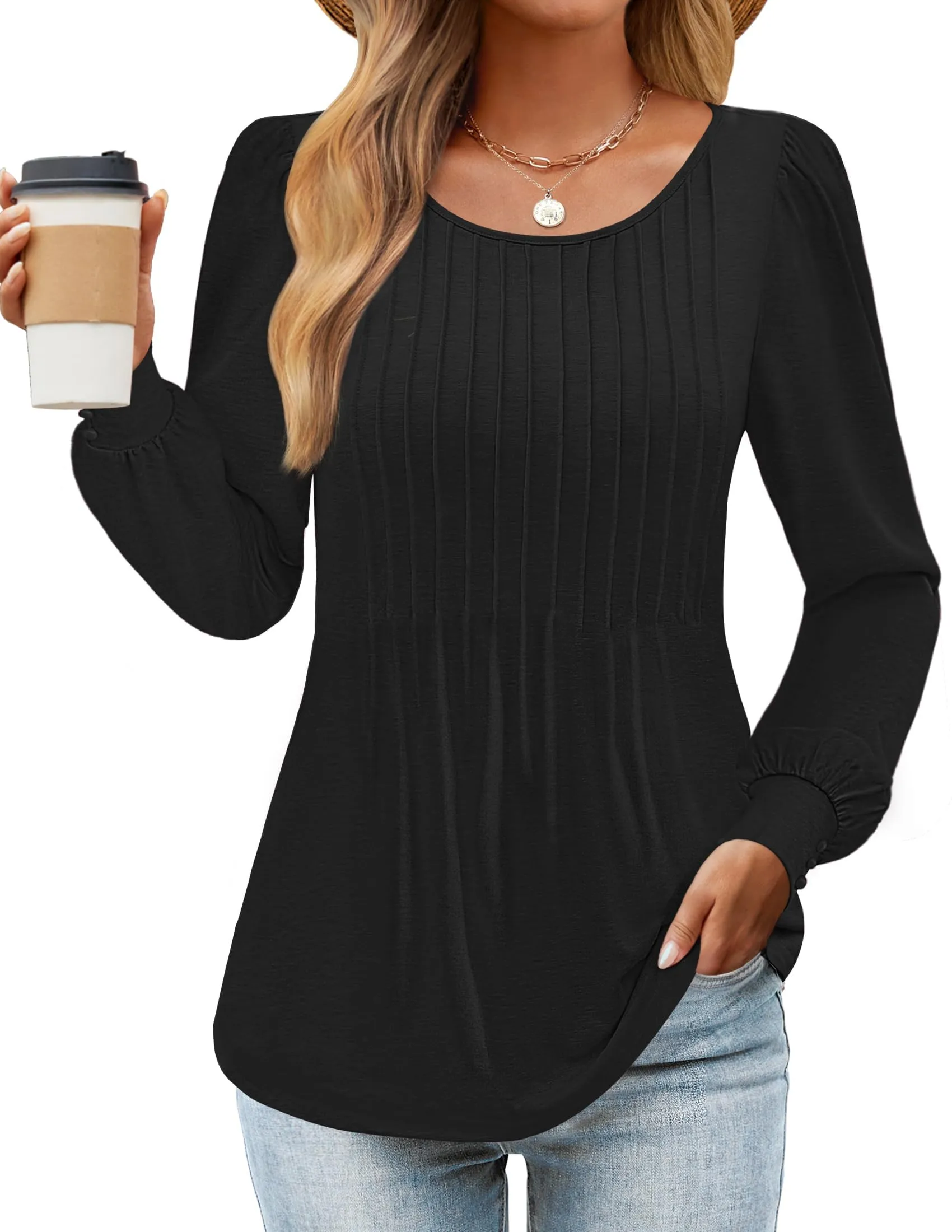 ZESICA Crew Neck Pleated Casual Tunic Blouses Top