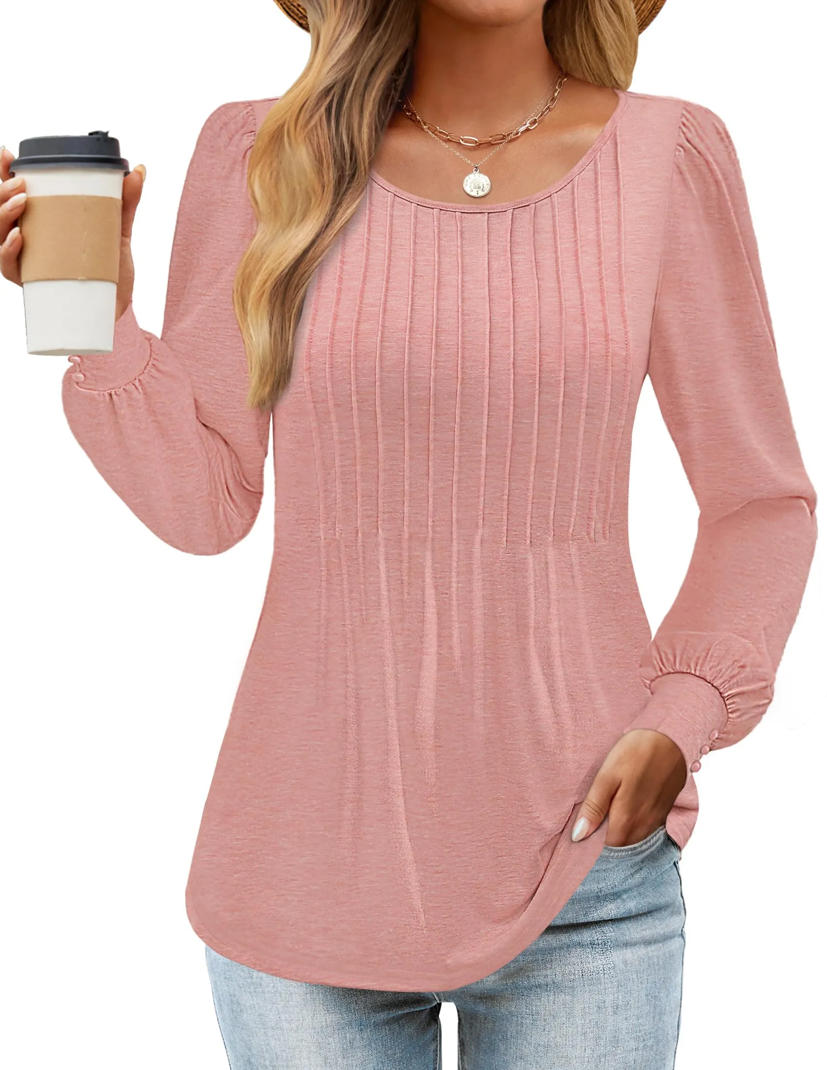 ZESICA Crew Neck Pleated Casual Tunic Blouses Top