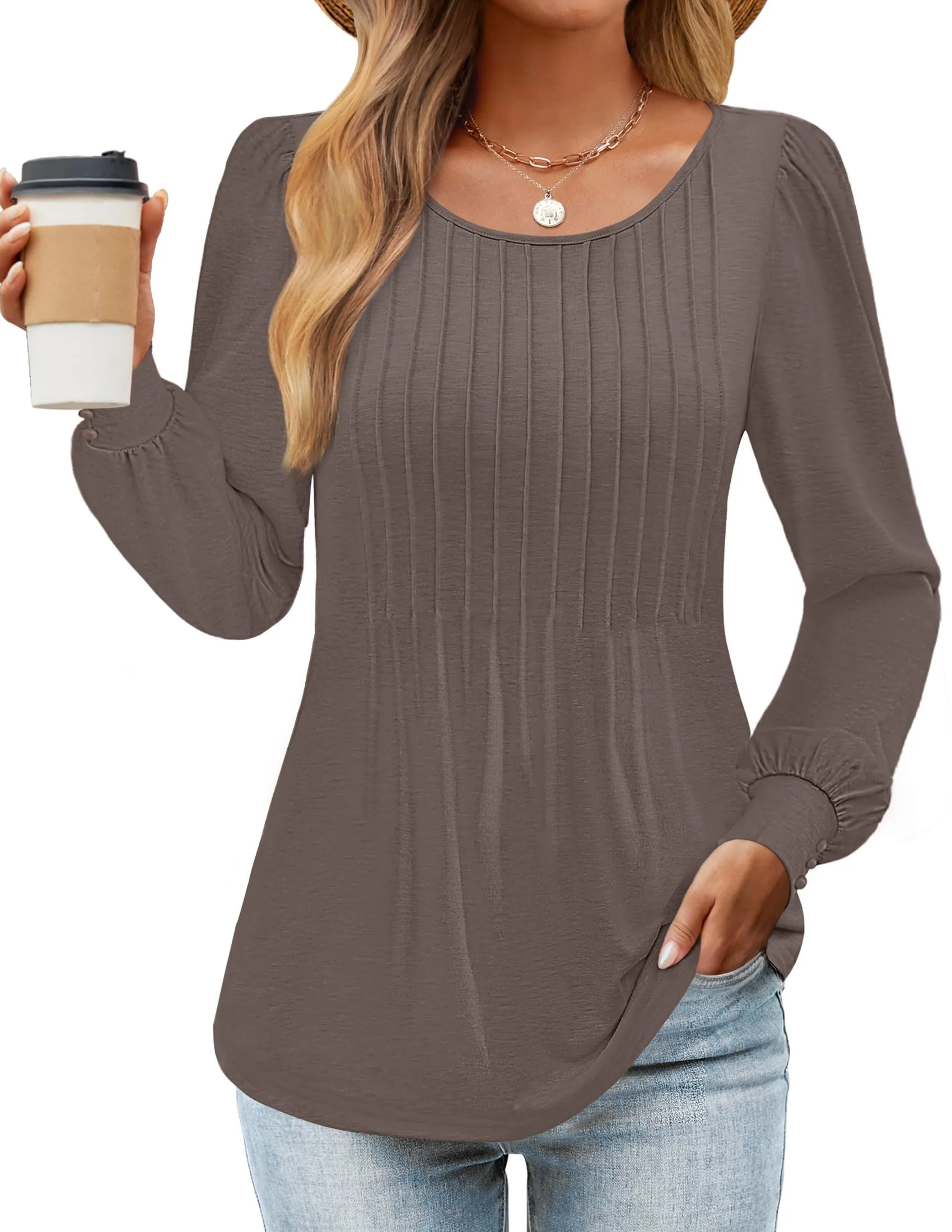 ZESICA Crew Neck Pleated Casual Tunic Blouses Top