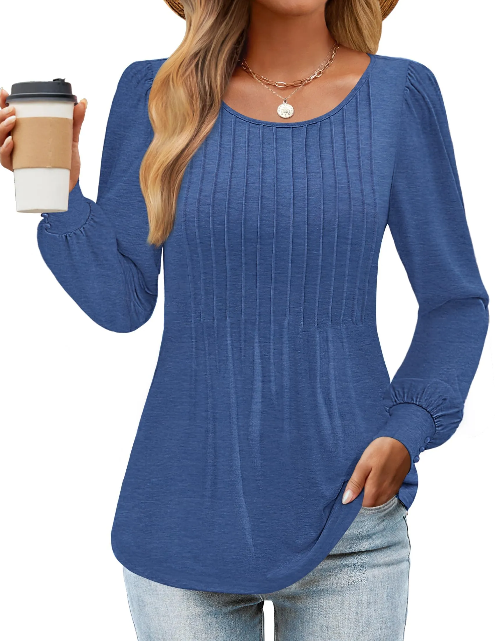 ZESICA Crew Neck Pleated Casual Tunic Blouses Top
